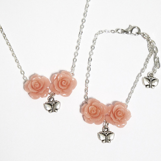 komplet biżuterii Komplet 2 - Róża pudrowy róż motyl - koral