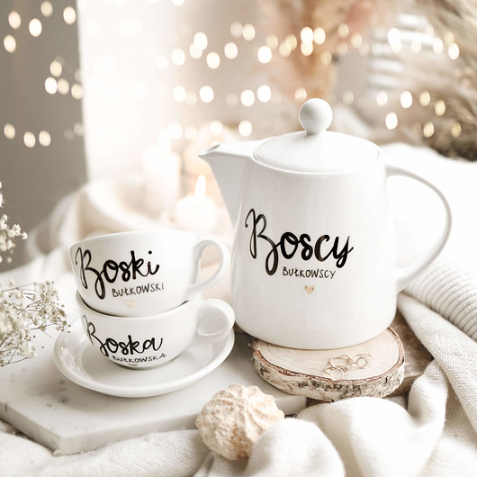 filiżanki Zestaw Boscy - Dzbanek 1 litr filiżanki 250 ml ze spodkami - Boski i Boska ZŁ