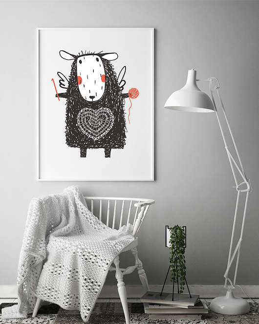 obrazy i plakaty do pokoju dziecięcego Plakat. owieczka robi na drutach. love