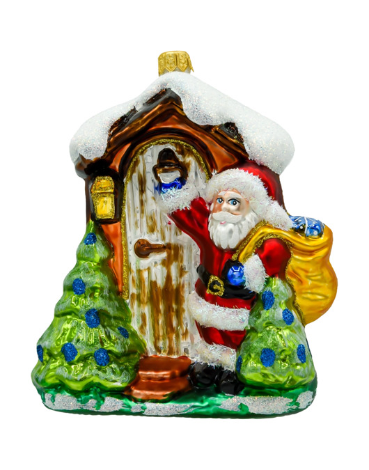 ozdoby choinkowe Bombka choinkowa: Święty Mikołaj z choinką przed domkiem