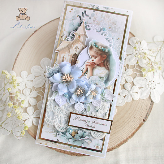 kartki na komunię Kartka pamiątka komunii "Blue Flower  2" GOTOWA