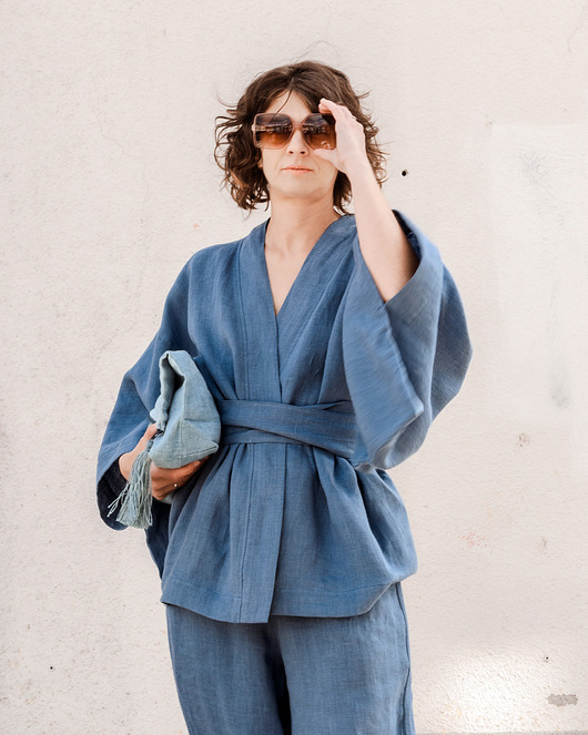 bluzki kimonowe damskie Kimono lniane niebieskie,  bluzka 100% len niebieska