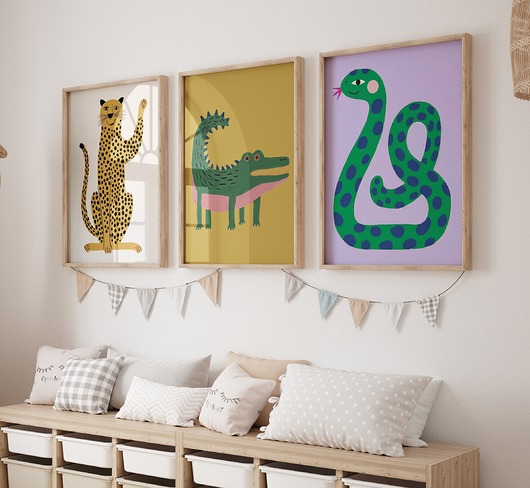 obrazy i plakaty do pokoju dziecięcego Zestaw 3 Plakaty kolorowe zwierzęta wąż, gepard, krokodyl