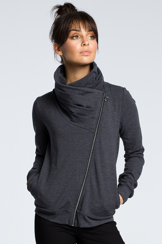 bluza bez kaptura damska Bluza z ukośnym zamkiem - grafitowa (B-071)