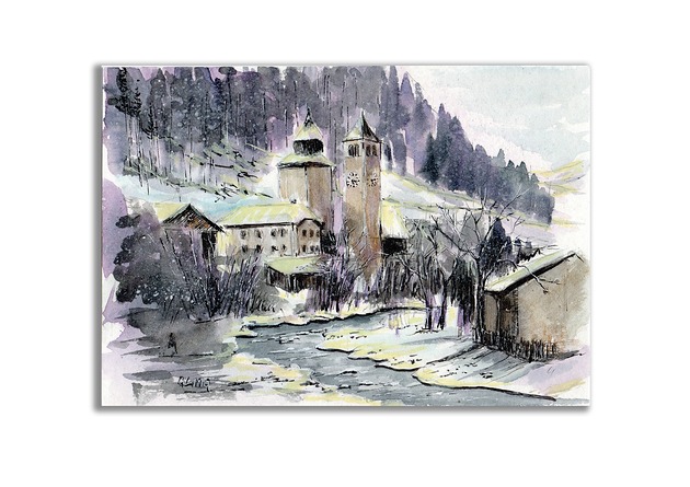 grafiki i ilustracje Akwarela ręcznie malowana "Zima w Livigno"