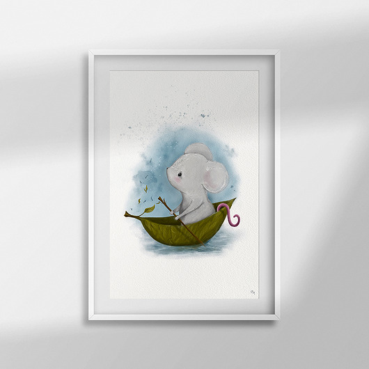 obrazy i plakaty do pokoju dziecięcego Plakat A3 "Mouse in the leaf"