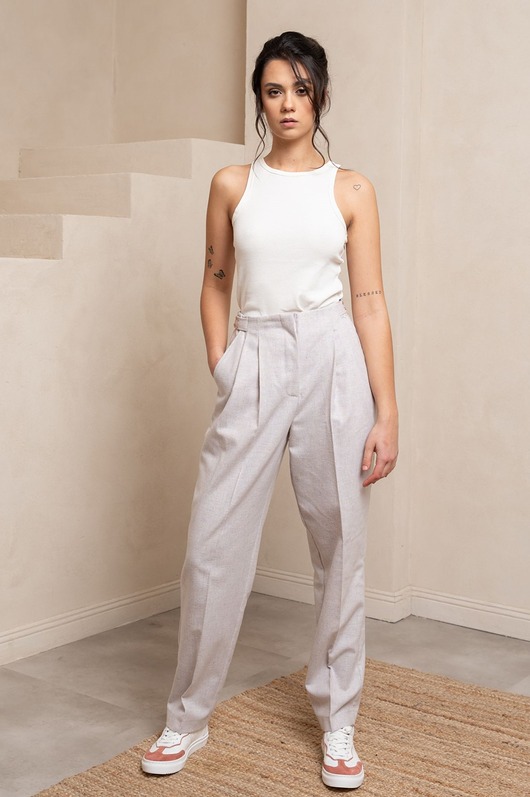 spodnie materiałowe damskie Eleganckie wełniane spodnie z wysokim stanem, LIGHT LAVENDER (lawendowe)