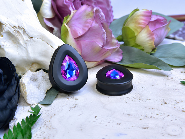 biżuteria różna Tunele do uszu łezki 10-100mm ze szklanym kryształkiem #029 violet blue