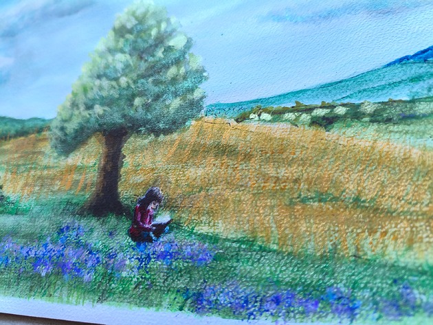 grafiki i ilustracje Wiejski pejzaż góry obraz akwarela 30x42  las pola książka wieś zboże