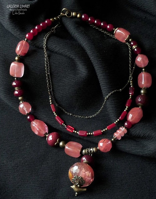 kolie Kwarc różowy, wiśniowy i turmalin. Naszyjnik unikatowy handmade PREZENT lux