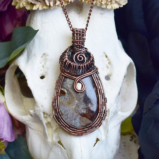 wisiory Miedziany wisiorek wire wrapping z jaspisem Coffee Bean