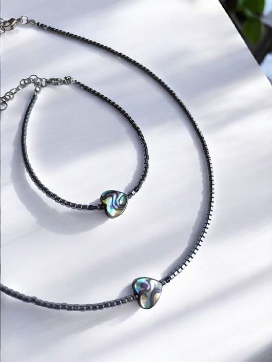 komplet biżuterii RAZEM TANIEJ! komplet z serduszkami : muszla PAUA, hematyt grafitowy