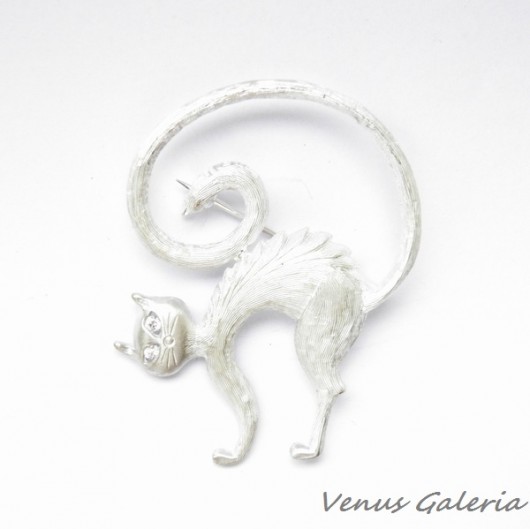 Broszka srebrna- Kot Teofil biały VENUS GALERIA