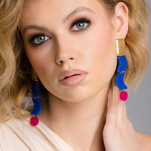 kolczyki - inne Kobaltowe kolczyki "SNAKE" z fuksją