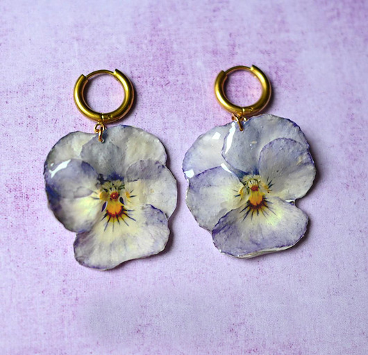 kolczyki z żywicy Kolczyki bratki fiołki, prawdziwe kwiaty