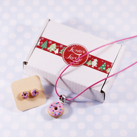 Różowy donut komplet kolczyki i naszyjnik fimo Lemon Lovely