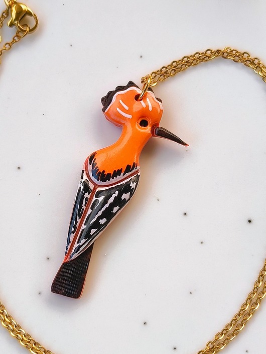 wisiory Naszyjnik dudek, amulet z dudkiem, zawieszka w kształcie ptaka, boho