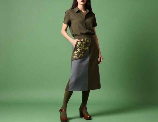 spódnice midi Spódnica midi wełniana z łączonych tkanin, haftowana kieszeń zewnętrzna