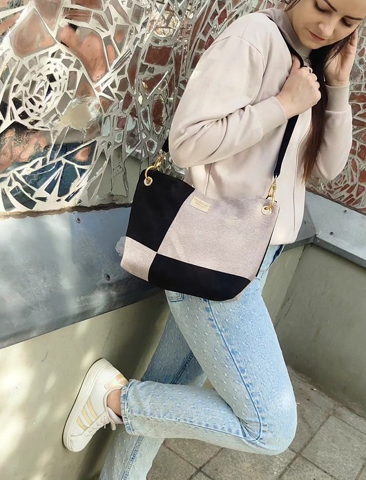 torby na ramię Torebka R U T H - patchworkowa torebka, nubuk i tkanina pleciona