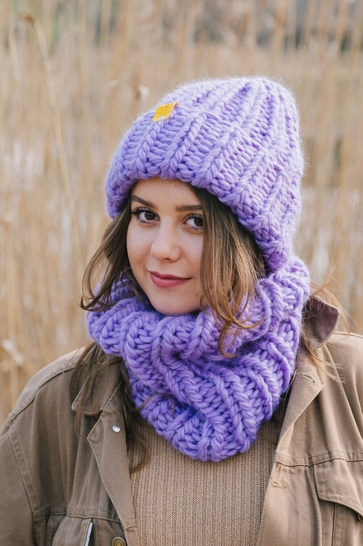 czapki damskie Peruvian WOOLY Fioletowy komplet zimowy czapka i komin