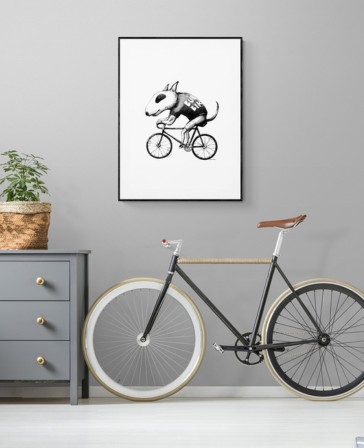 grafiki i ilustracje Duża grafika z Bulterierem na rowerze 50x70 cm