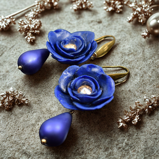 kolczyki z masy plastycznej Eleganckie, niebieskie kolczyki kwiaty