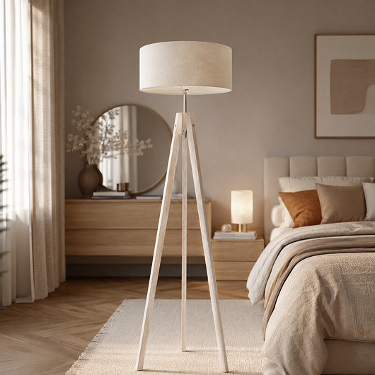 lampy podłogowe Drewniana lampa stojąca do salonu z abażurem HAITI VELUR