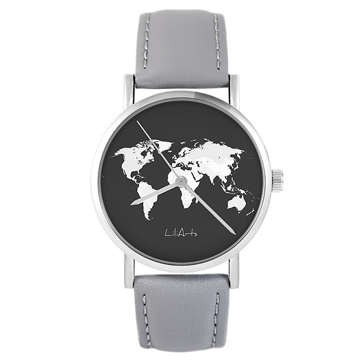 zegarki unisex Zegarek - Mapa świata - skóra, szary
