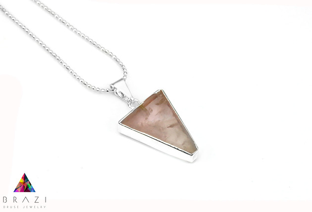 Colare Kwarc Różowy Trójkąt srebro Brazi Druse Jewelry