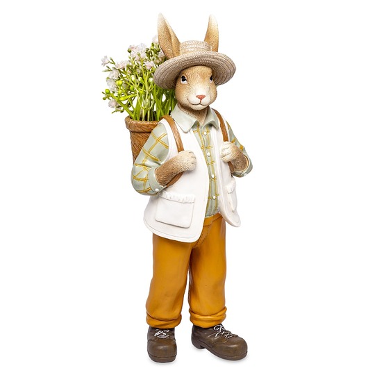 ozdoby wielkanocne Dekoracja - królik OGRODNIK z plecakiem i kwiatami 30x11 cm