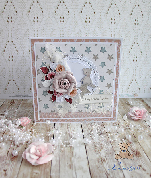 Kartka 3D na chrzest Winter Star Pink2 GOTOWA Lulaczkowo