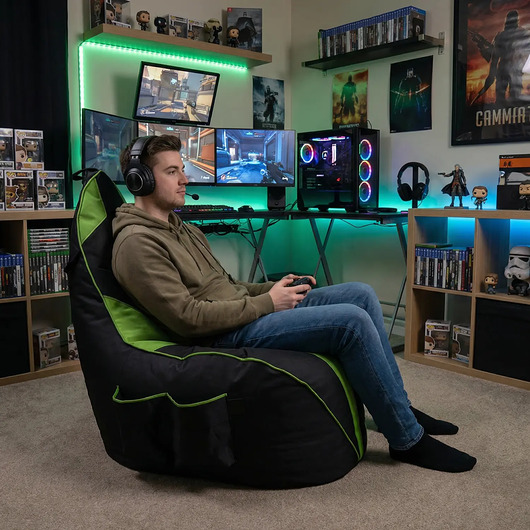 pufy do siedzenia Pufa gamingowa dla dzieci i dorosłych czarno zielona z duzymi kieszeniami