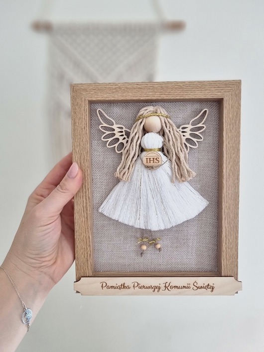 komunia - pozostałe Pamiątka komunia święta anioł Stróż makrama Handmade
