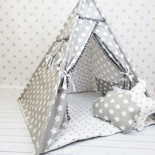 Namiot Tipi +Mata + Poduszki Szaro Biały Gwiazdy Enitka Sweet Baby Room