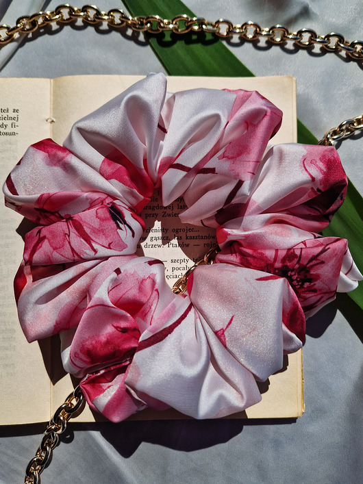 gumki do włosów Scrunchie Floral Hibiscus XL - gumka do włosów satynowa różowa