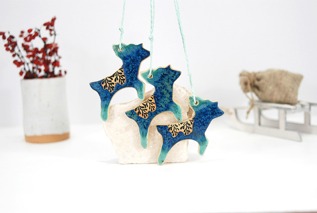 3 ceramiczne renifery choinkowe - turkus 10FingersArt