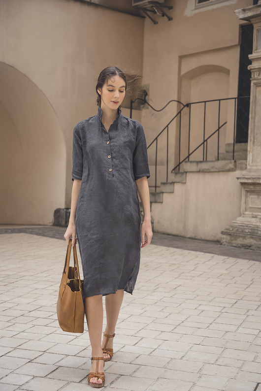 sukienki midi damskie Lniana sukienka szmizjerka grafitowa