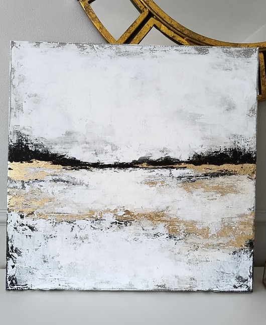 obrazy HORYZONT SPOKOJU Abstrakcyjny obraz ze złotem, ręcznie malowany, 50x50 cm
