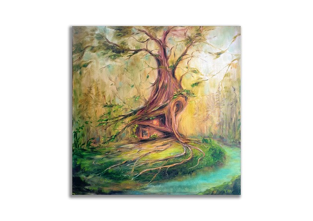 obrazy Obraz olejny 60x60 cm autorski drzewo las domek