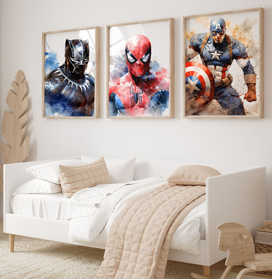 obrazy i plakaty do pokoju dziecięcego Zestaw 3 plakaty Czarna pantera, Spiderman, Kapitan Ameryka Wzory