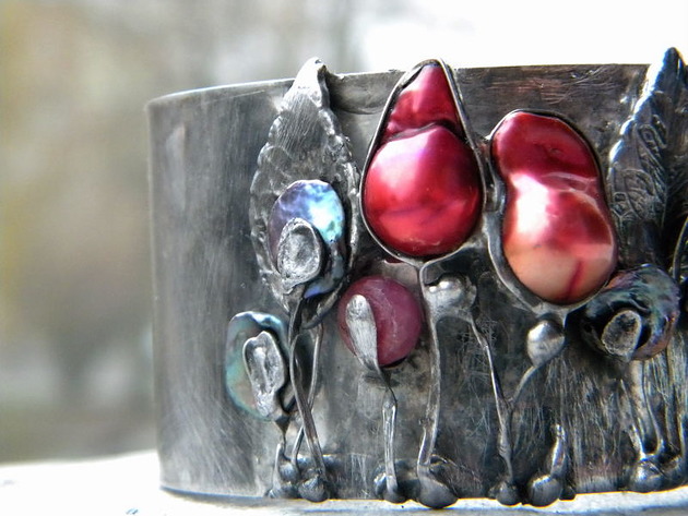 bransoletki wire wrapping perły / rubin  - BRANSOLETA MANKIET - CUFF