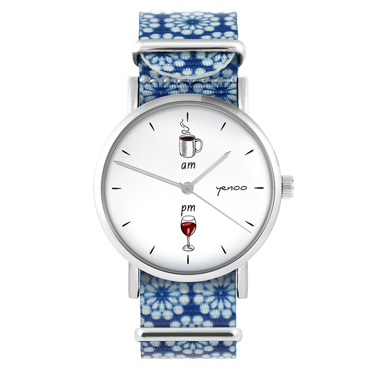 zegarki damskie Zegarek - Kawa i wino - niebieski, kwiaty