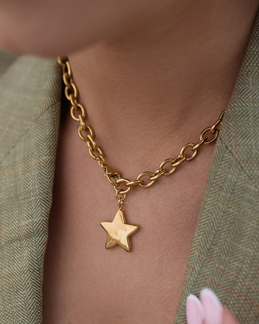 bransoletki - inne Złoty naszyjnik łańcuch z gwiazdą ze stali chirurgicznej premium