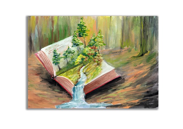 grafiki i ilustracje Obraz ręcznie malowany  Las książka pejzaż