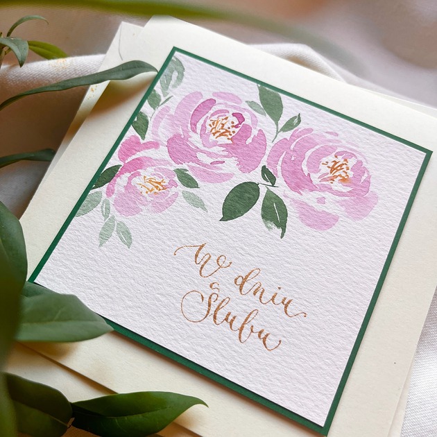 kartki scrapbooking Kartka ślubna ręcznie malowana i kaligrafowana z różami