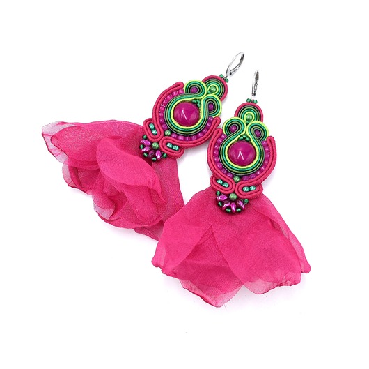 kolczyki soutache Kolczyki sutasz różowo zielone wiosenne lekkie z jadeitem Ballerina