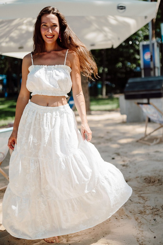spódnice maxi Bawełniana długa, szeroka haftowana spódnica , WHITE EMILIA
