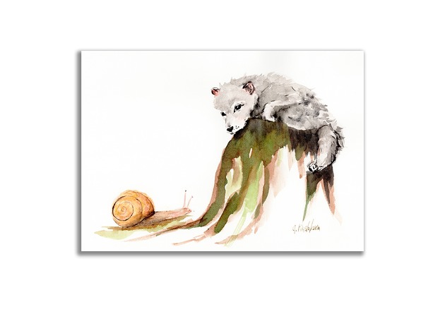 grafiki i ilustracje Obraz ręcznie malowany "Wilk i ślimak"