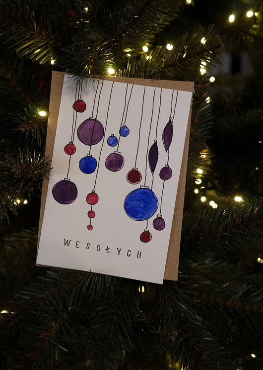kartki scrapbooking Kartka Świąteczna Fioletowe Bombki, akwarela.