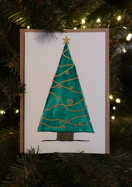 kartki okolicznościowe - wydruki Kartka Świąteczna Choinka ze Złotem, akwarela.